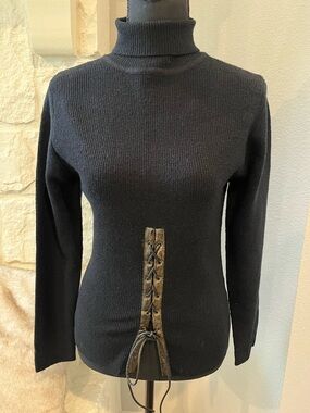 TiBALDi Italy Black Turtleneck Sweater Lace up Faux Leather Sz L/X
